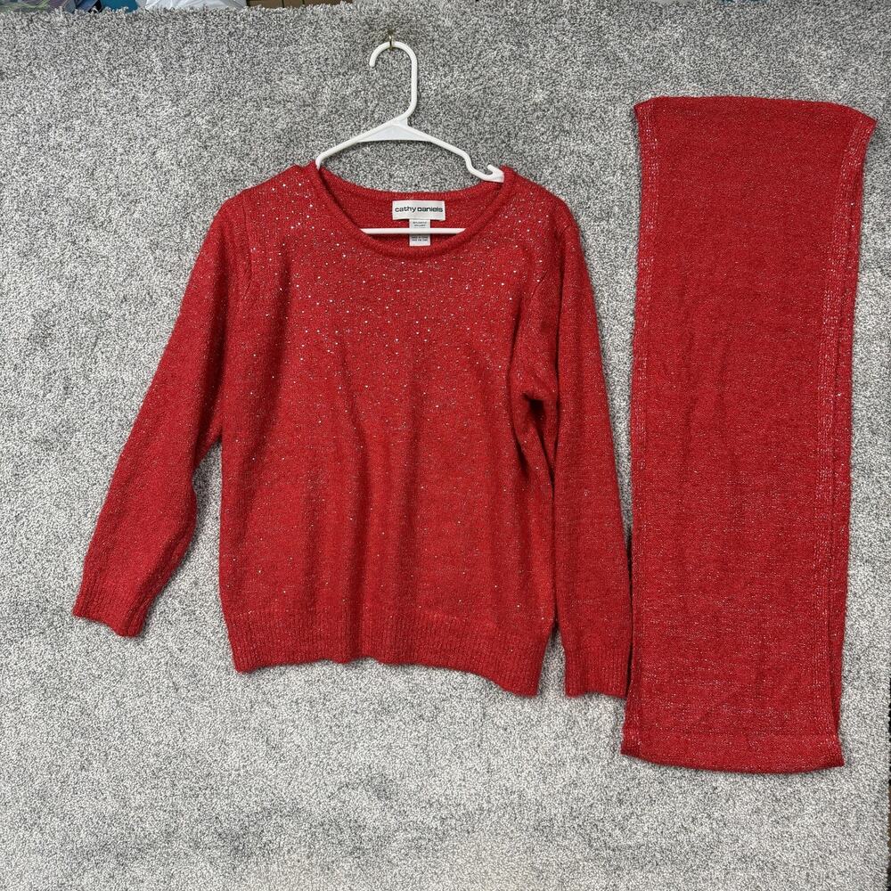 VTG 90s Cathy Daniels Sweater Womens L Red Glitter Knit Scarf Set Holiday Chic